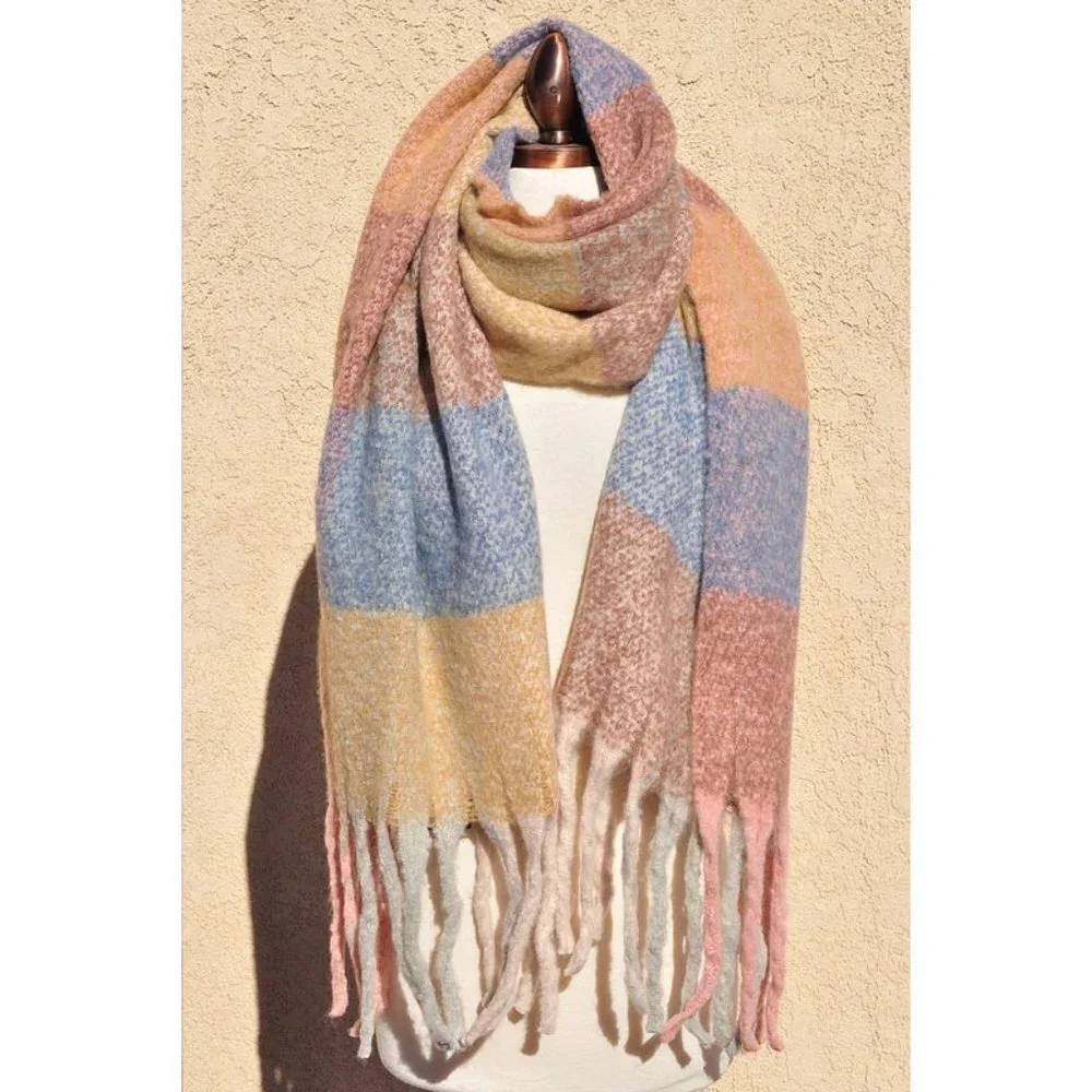 NEW Giant Checker Plaid Winter Boucle Oblong Fringe Cozy SOFT Oversize Scarf - Picture 3 of 8